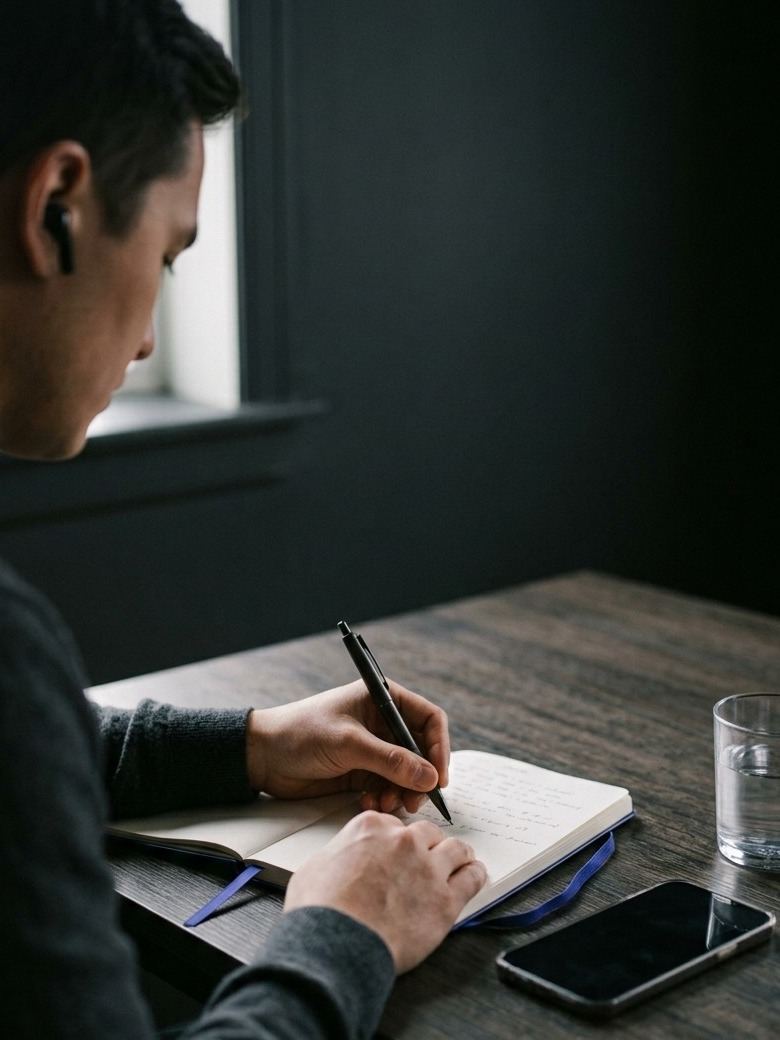 A Parley Growth strategist wearing earbuds, taking handwritten notes during a voice interview with a client partner.
