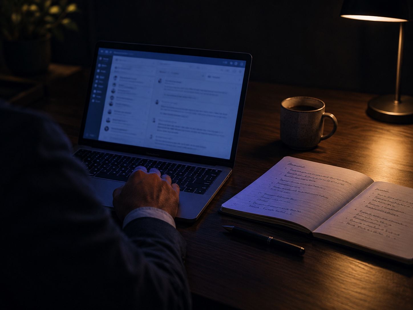 A consultant reviewing a personal message thread on a laptop at night, with handwritten notes and a coffee beside it.